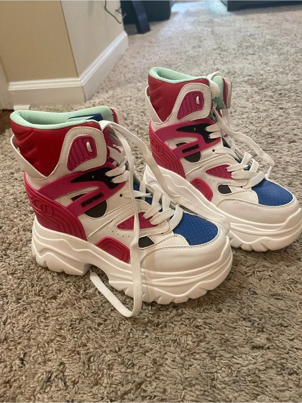 Anthony Wang Chunky Colorblock High-Top Sneakers in White, Blue & Pink. Sz 9.